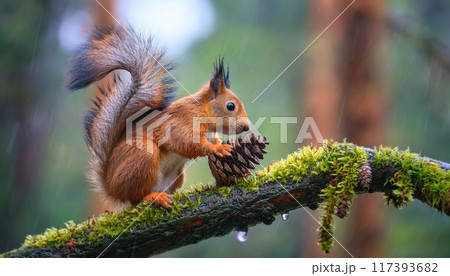 Rainy autumn day in the forest and a cute squirrel on coniferous tree branch holding a cone. Fall season wildlife 117393682