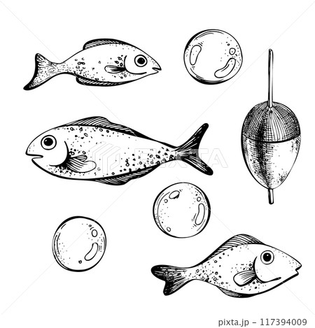 Simple different fish with fishing float and water bubbles. Graphic line art drawn by hand in black and white monochrome. Marine set, clip art of isolated elements. Simple different fish with fishing float and water bubbles. Graphic line art drawn by hand in black and white monochrome. Marine set, clip art of isolated elements. 117394009