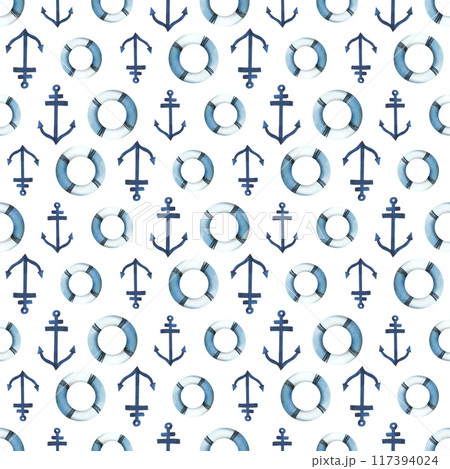 Lifebuoys with anchors. Watercolor illustration, hand drawn in childish style. Seamless pattern on a white background. Lifebuoys with anchors. Watercolor illustration, hand drawn in childish style. Seamless pattern on a white background. 117394024