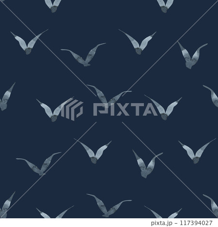 Gray silhouettes of flying gulls are abstract. Watercolor illustration drawn by hand in a children's simple style. Seamless pattern on a dark blue background. 117394027