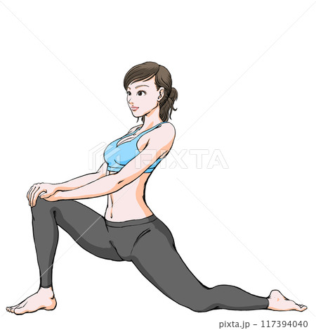 ストレッチ_腸腰筋を伸ばす若い女性 ストレッチ_腸腰筋を伸ばす若い女性 117394040