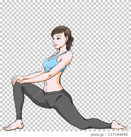 ストレッチ_腸腰筋を伸ばす若い女性 ストレッチ_腸腰筋を伸ばす若い女性 117394040