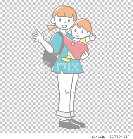 Mom and baby waving 117394134