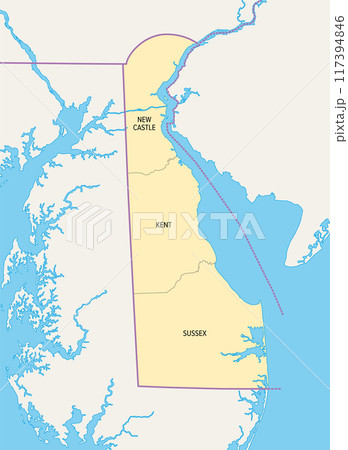 Delaware, U.S. state, political map with borders and county names. State in the Mid-Atlantic and Northeastern region of the USA, subdivided into 3 counties, nicknamed First State, Small Wonder, etc. 117394846