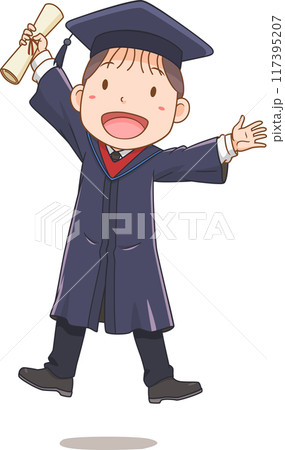 Cartoon character of happy boy in graduation gown. Cartoon character of happy boy in graduation gown. 117395207