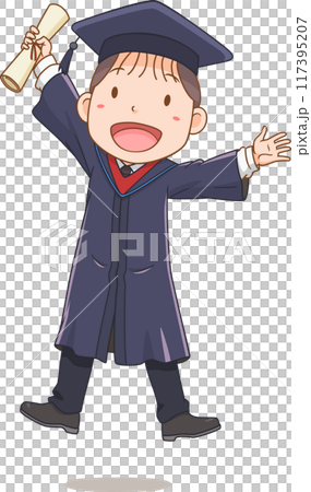 Cartoon character of happy boy in graduation gown. Cartoon character of happy boy in graduation gown. 117395207