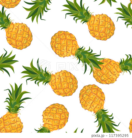 Vector seamless pattern with pineapples on white background. Perfect for printing on textiles, Hawaiian style holiday clothes. Summer party design background. Tropical fruit in flat style. Vector seamless pattern with pineapples on white background. Perfect for printing on textiles, Hawaiian style holiday clothes. Summer party design background. Tropical fruit in flat style. 117395295