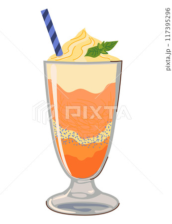 Falooda is a popular cold dessert in Indian cuisine. It contains rose syrup, vermicelli, basil seeds and milk jelly pieces. In Mauritius, it is called Alouda. Flat style vector. Falooda is a popular cold dessert in Indian cuisine. It contains rose syrup, vermicelli, basil seeds and milk jelly pieces. In Mauritius, it is called Alouda. Flat style vector. 117395296