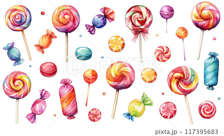 Watercolor set of assorted colorful lollipops and candies isolated on white background. 117395683