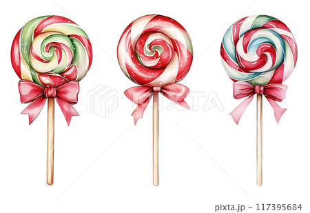 Watercolor set of three colorful Christmas lollipops with red bows, isolated on white background. 117395684