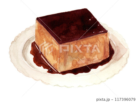 水彩で描いた四角いプリン 117396079