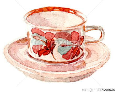 水彩で描いた花柄のカップとソーサー 117396080