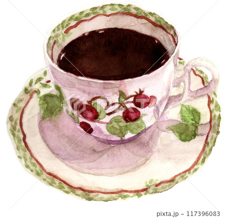 水彩で描いたコーヒーの入ったコーヒーカップとソーサー 117396083