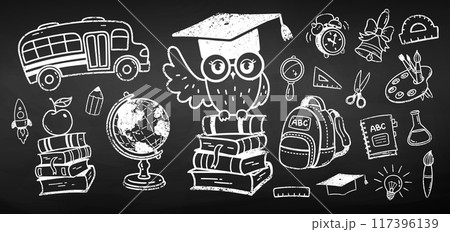 Chalk drawn set of education objects 117396139