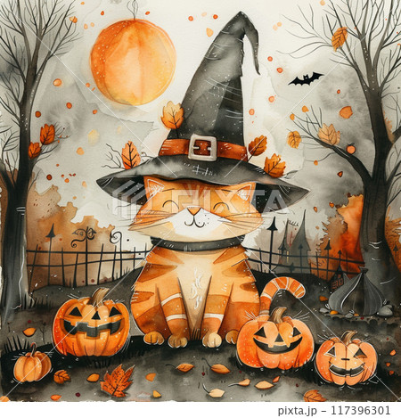 キュートなトラねことハロウィンパンプキンの仲間たち 117396301