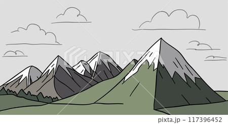 Flat graphic vector sketch of abstract mountain landscape with snowy sharp triangular mount peaks isolated on gray background. Simple hand drawn cartoon design element for climbing or hiking concept. Flat graphic vector sketch of abstract mountain landscape with snowy sharp triangular mount peaks isolated on gray background. Simple hand drawn cartoon design element for climbing or hiking concept. 117396452