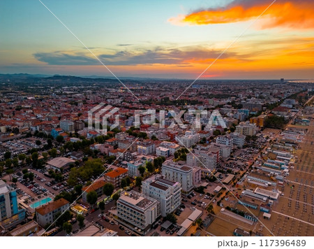 The Italian resort of Rimini is a view from a drone during sunset 117396489