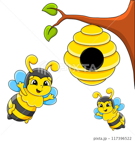 Cartoon character bee. Isolated on white background. Design element. Template for your design, books, stickers, cards. Vector illustration. 117396522