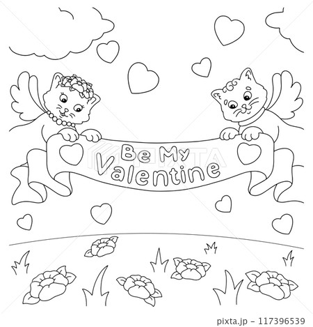A couple of cats are holding a congratulations ribbon. Coloring book page for kids. Valentine's Day. Cartoon style character. Vector illustration isolated on white background. 117396539