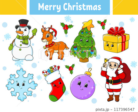 Set of stickers with cute cartoon characters. Winter clipart. Hand drawn. Colorful pack. Vector illustration. Patch badges collection for kids. For daily planner, organizer, diary. 117396547