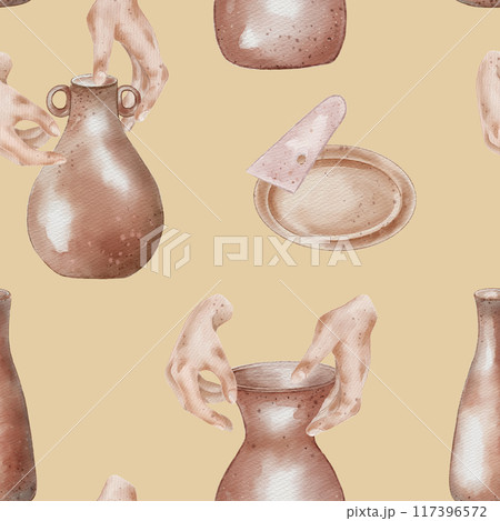 Two hands making a jug watercolor endless print. Women hands and ceramic vase in pastel tone hand drawn seamless pattern. Design pattern with hand made pottery and female fingers for textile, package 117396572