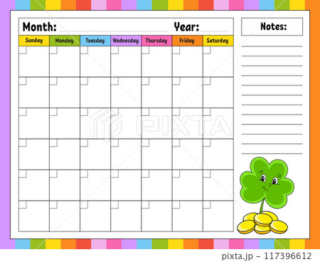 Blank calendar template for one month without dates. Colorful design with a cute character. Vector illustration. 117396612