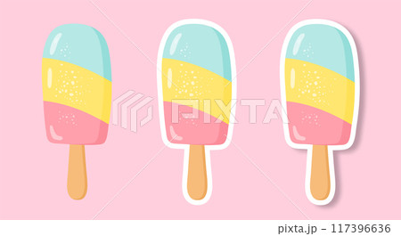 A set of stickers with an image of ice cream on a pink background. 117396636