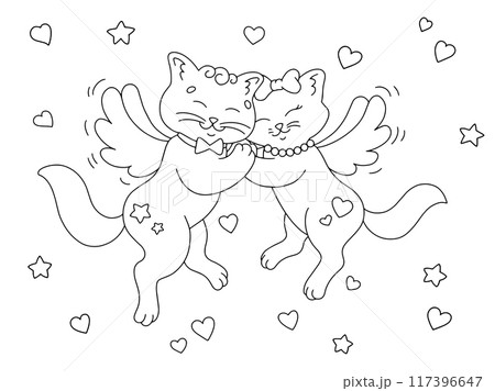 A loving couple of cats with wings. Coloring book page for kids. Cartoon style character. Vector illustration isolated on white background. Valentine's Day. 117396647