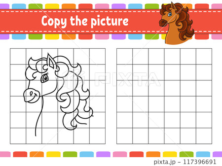 Copy the picture. Horse animal. Coloring book pages for kids. Education developing worksheet. Game for children. Handwriting practice. Coon character. 117396691