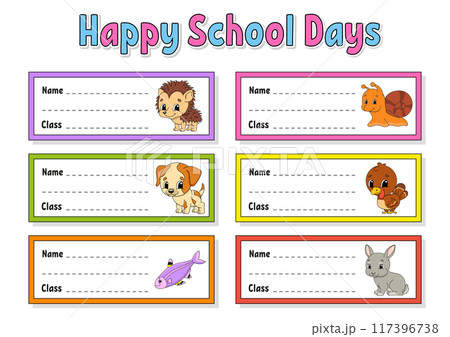 Bright stickers. Name and class. Back to school labels. Set stickers for notebook. Rectangular label. Color vector isolated illustration. 117396738
