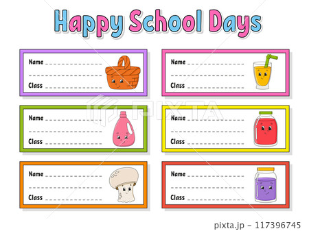 Name and class. Back to school labels. Set stickers for notebook. Bright stickers. Rectangular label. Color vector isolated illustration. 117396745