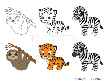 Set coloring page for kids. Cute cartoon characters. Black stroke. With sample. Bright stickers. Vector illustration. Set coloring page for kids. Cute cartoon characters. Black stroke. With sample. Bright stickers. Vector illustration. 117396752