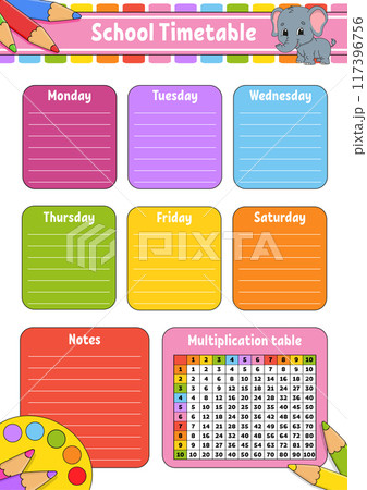 School timetable with multiplication table. For the education of children. Isolated on a white background. With a cute cartoon character. Vector illustration. 117396756