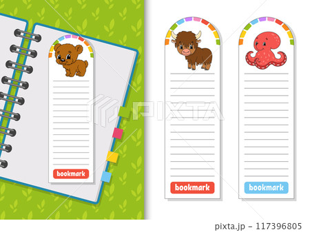Set of paper bookmarks for books with cute cartoon characters. For kids. Isolated on white background. Vector illustration. 117396805
