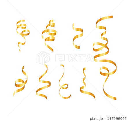 Gold confetti. Serpentine spiral ribbons. Golden luxury party decor. 117396965