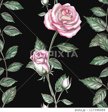 Seamless pattern with delicate roses on a black background. Watercolor illustration on the theme of flowers for printing on fabric, packaging, for holidays, weddings Seamless pattern with delicate roses on a black background. Watercolor illustration on the theme of flowers for printing on fabric, packaging, for holidays, weddings 117396989
