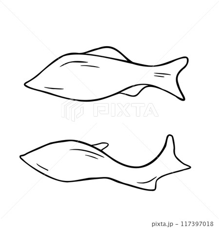 Silhouettes salmon, trout black and white vector illustration isolated. Swimming fishes hand drawn ink silhouette. Simple sea fish in contour. Fish elements for package, label, menu, market 117397018
