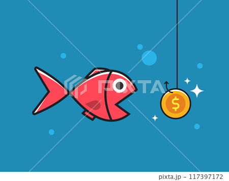 A red fish with a golden coin as bait. Isolated Vector illustration 117397172