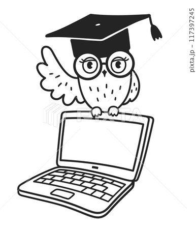 Cute owl character sitting on laptop 117397245