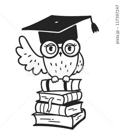 Cute owl character sitting on books 117397247