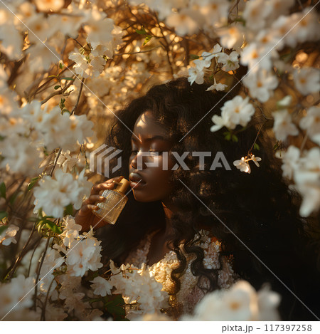 African girl surrounded by white flowers, enjoying perfume in a sunlit garden during springtime African girl surrounded by white flowers, enjoying perfume in a sunlit garden during springtime 117397258