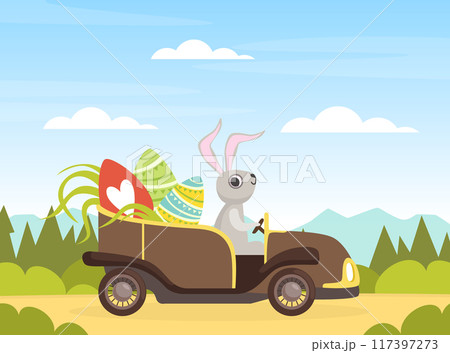 Easter Bunny Character Driving Car with Decorated Colored Eggs Vector Illustration 117397273