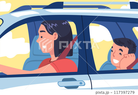 Woman Character Driving Car Sitting on Driver Seat with Passenger Inside Vehicle Vector Illustration 117397279