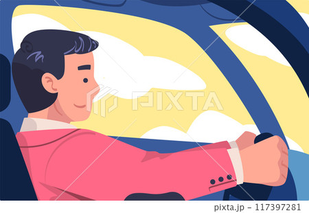 Man Character Driving Car Sitting on Driver Seat Inside Vehicle Vector Illustration 117397281