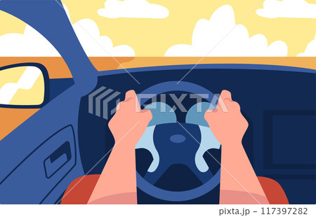 Man Character Driving Car Sitting on Driver Seat Inside Vehicle Vector Illustration 117397282