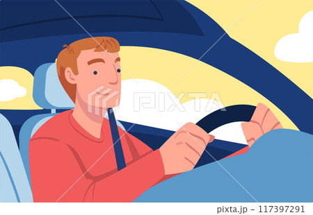 Man Character Driving Car Sitting on Driver Seat Inside Vehicle Vector Illustration 117397291