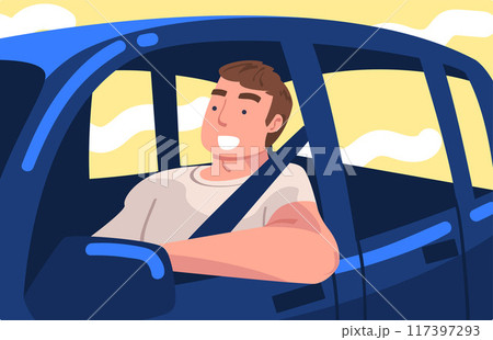 Man Character Driving Car Sitting on Driver Seat Inside Vehicle Vector Illustration 117397293