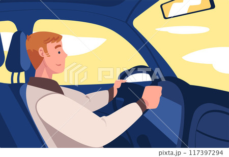 Man Character Driving Car Sitting on Driver Seat Inside Vehicle Vector Illustration 117397294