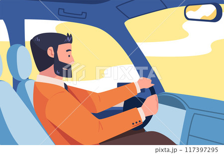 Bearded Man Character Driving Car Sitting on Driver Seat Inside Vehicle Vector Illustration 117397295