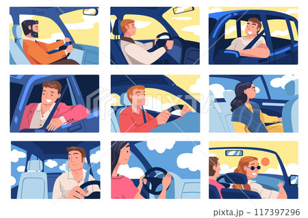 People Character Driving Car Sitting on Driver Seat Inside Vehicle Vector Illustration Set 117397296